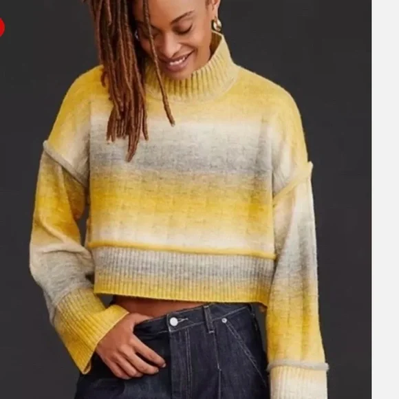 Anthropologie Pilcro Yellow Grey Ombre Sweater Crop Mock Neck Cute Size Medium - Picture 2 of 8